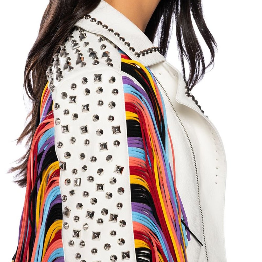 Miz God's Promise: Rainbow Fringe Studded Moto Jacket L XL - Picture 2 of 7